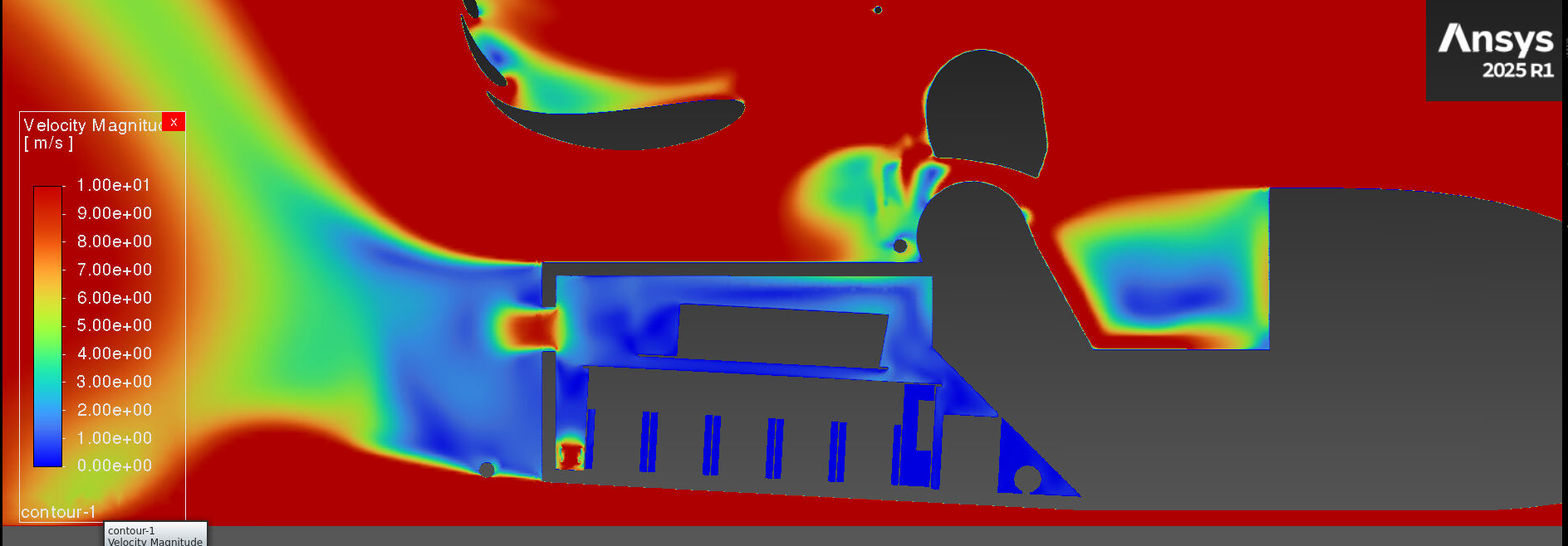 Fluent contour of the accumulator cooling ducting, showing the fan boundary condition
